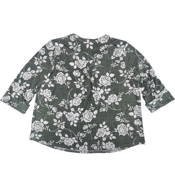 Papermoon Blouse 3X Gray Green Tones Floral White Rose Print Split Neck Top - Picture 2 of 9
